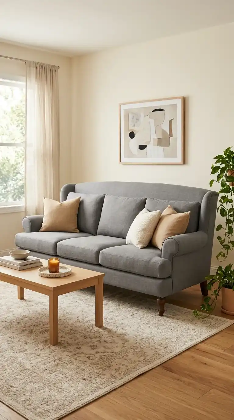gray sofa living room ideas with classic linen sofa, warm cushions, wood coffee table, and trailing plant on cream walls
