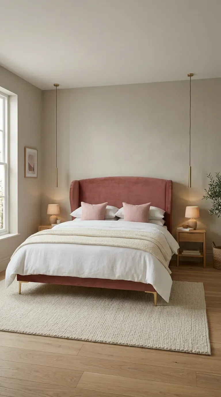 Modern luxury bedroom with dusty rose velvet curved headboard brass pendants white linen bedding and cream wool rug on greige walls