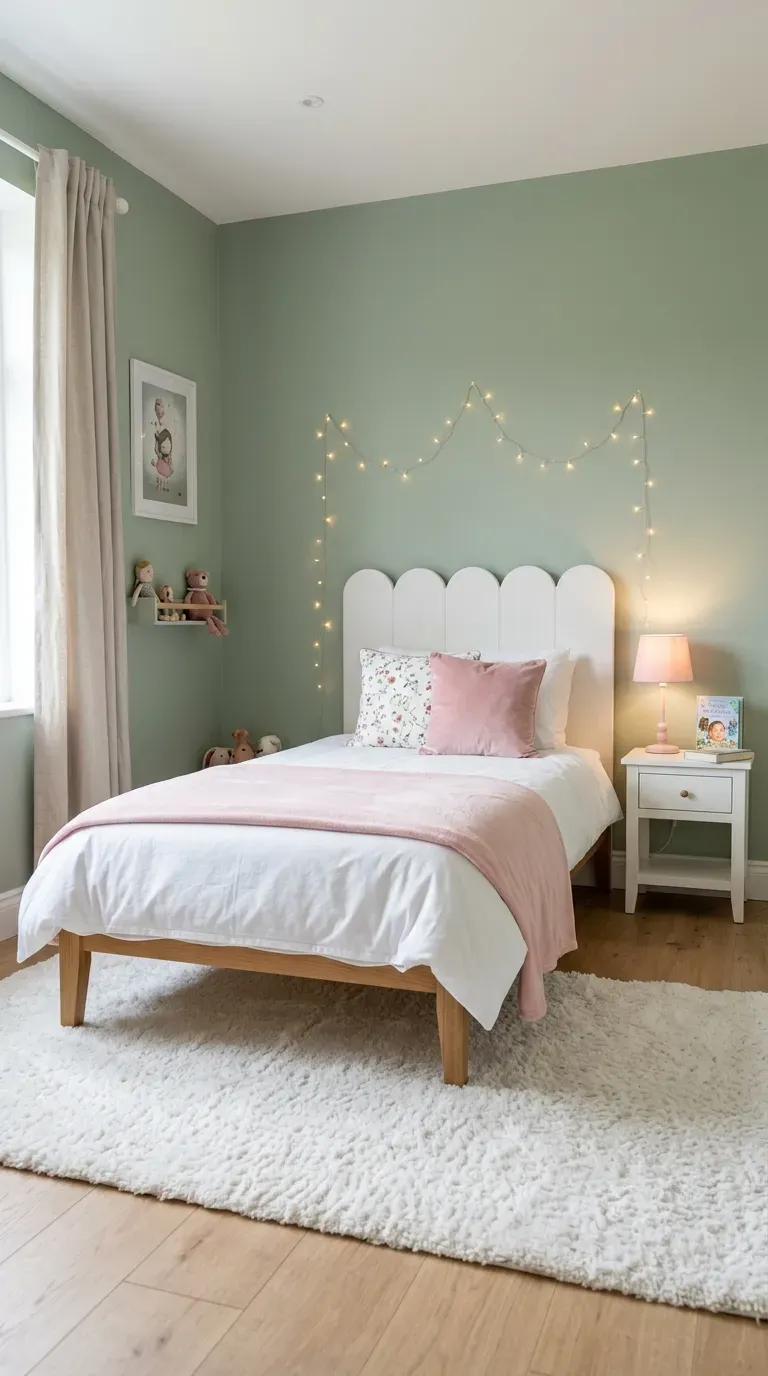 Kids bedroom ideas with white scallop headboard sage green walls fairy lights pastel pink bedding and white fluffy area rug