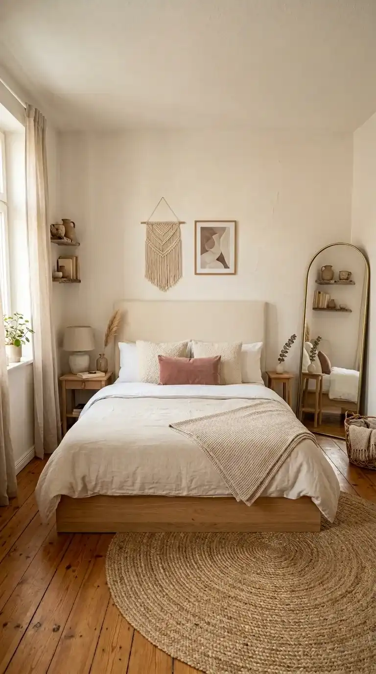 Cozy tiny bedroom with cream upholstered headboard, boucle pillows, jute rug, and arched floor mirror in warm white room