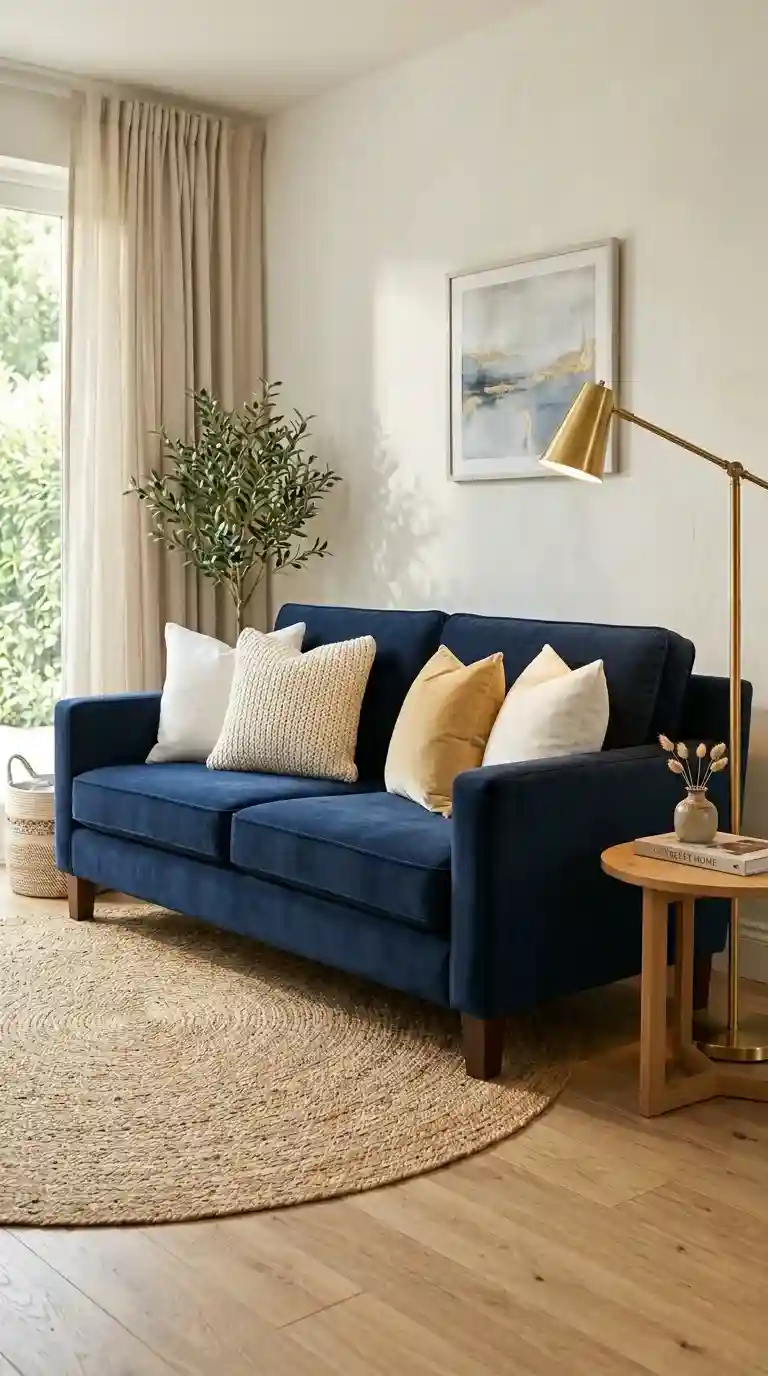 Navy blue sofa living room with deep velvet fabric, gold pillow, walnut block legs, and a brass floor lamp on a jute rug