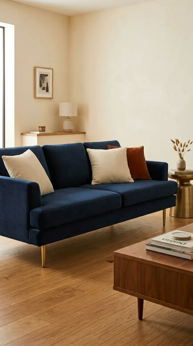 Dark blue sofa living room with navy velvet fabric brass tapered legs ivory and rust cushions cream walls and timber oak floor