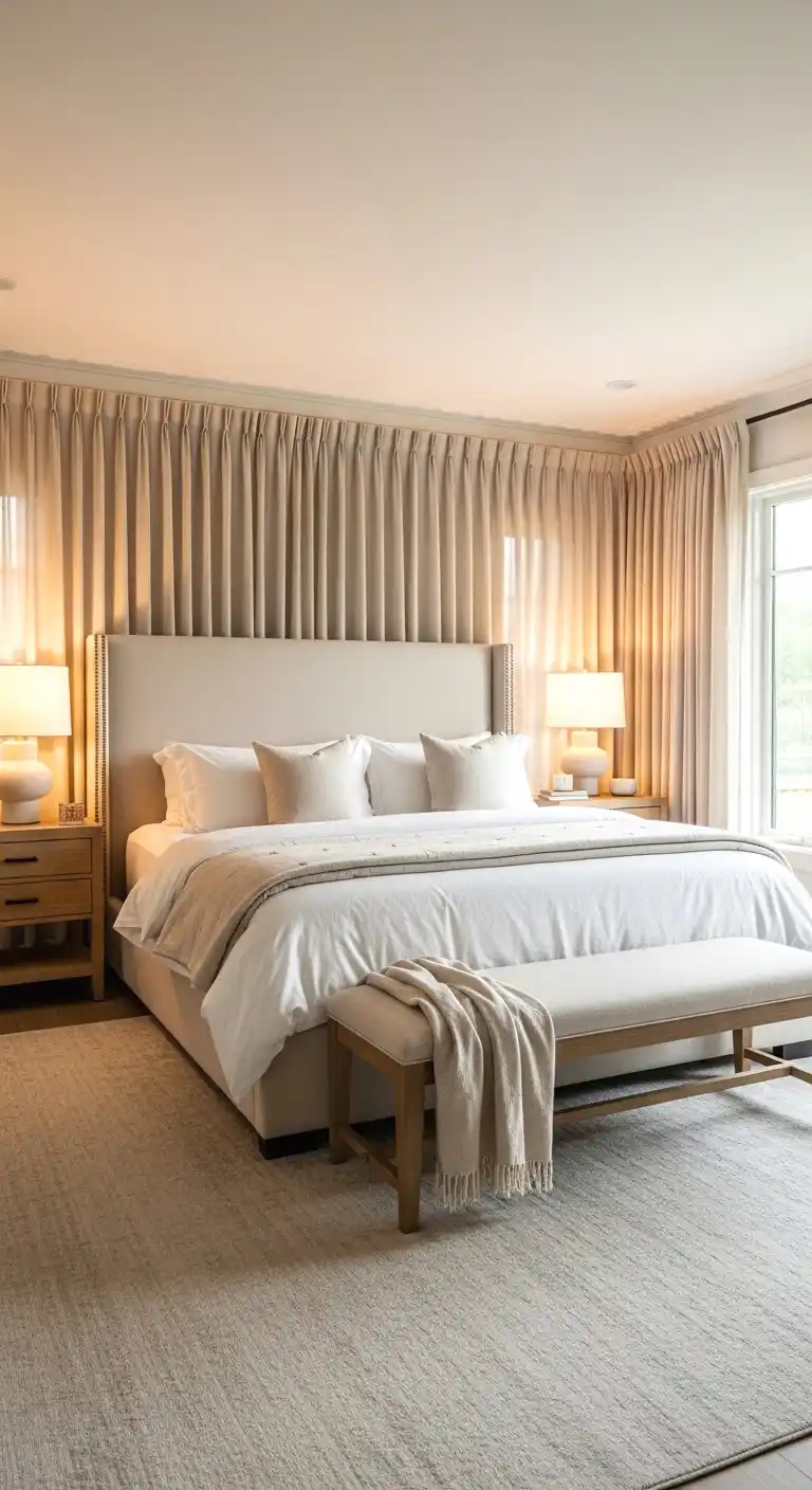 Cozy king bedroom with tall ivory upholstered headboard, layered cream bedding, matching oak nightstands, warm ceramic lamps, and ceiling-height curtains styled as a luxury retreat