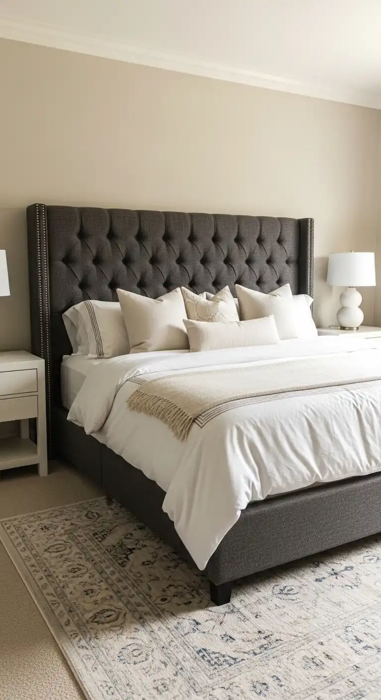 anchor the room with an oversized upholstered headboard