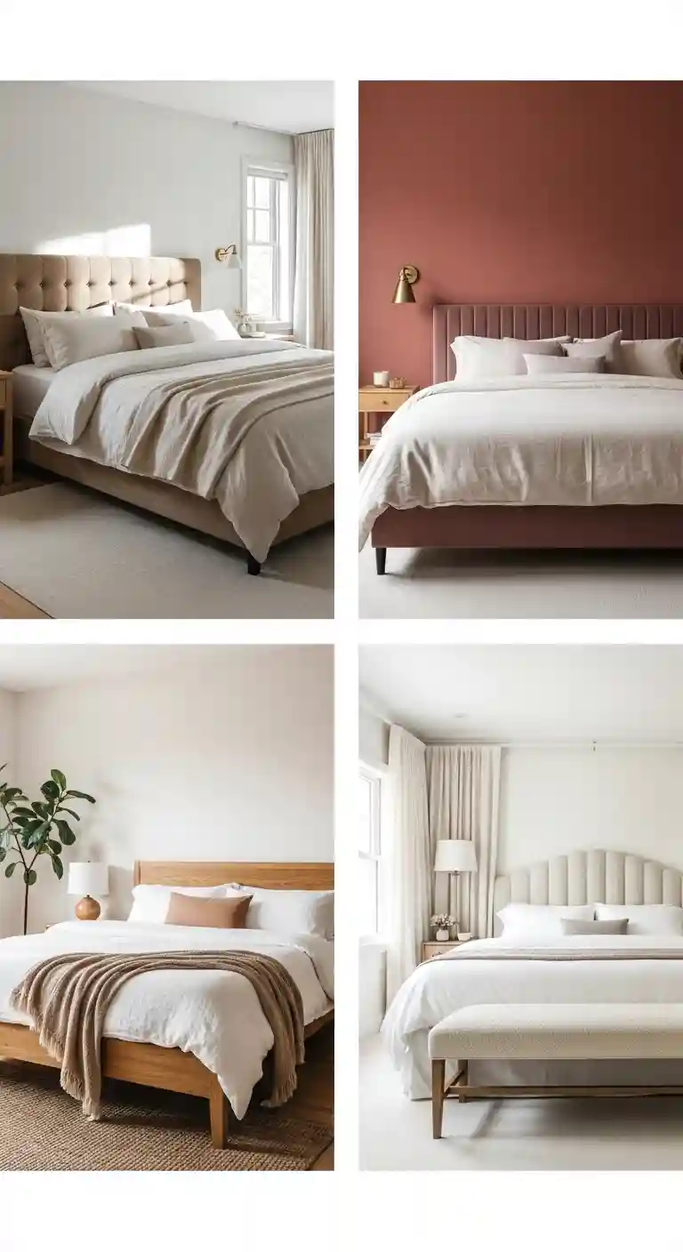 Four king bedroom ideas collage showing a camel linen headboard bed, terracotta accent wall bedroom, organic modern oak bed frame, and symmetrical boucle headboard setup with ivory curtains