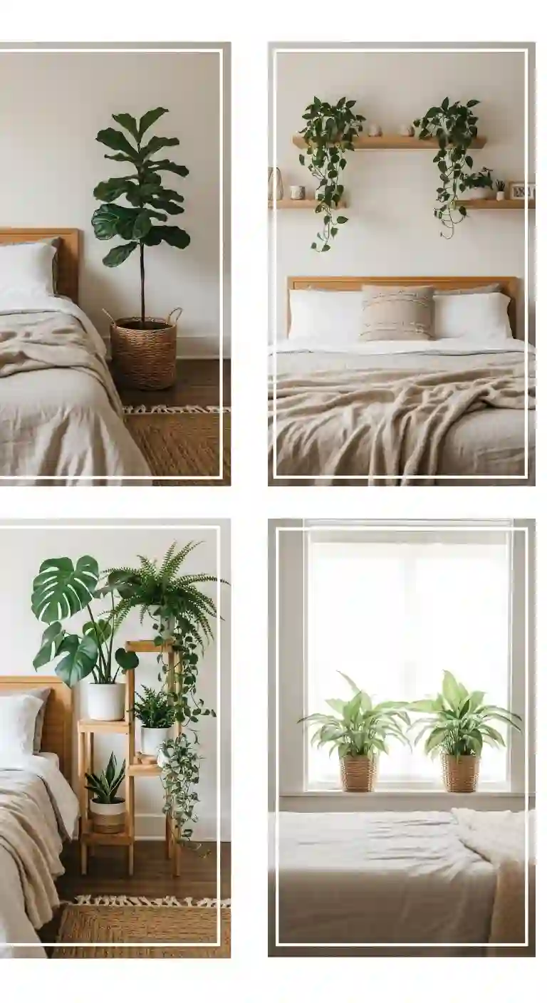 Collage of plants in bedroom ideas showing a fiddle leaf fig by the bed, trailing pothos on floating shelves, a layered plant corner, and potted plants framing a window