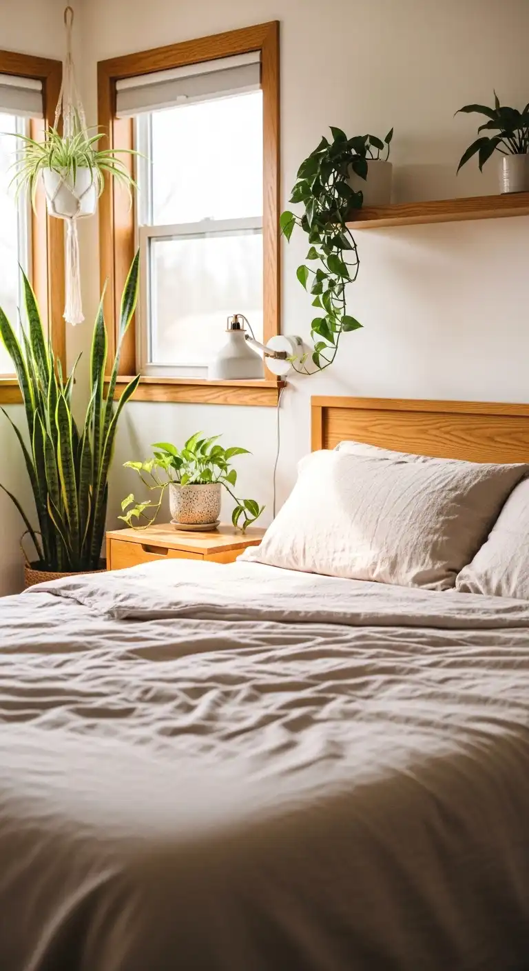 Cozy bedroom with plants in bedroom styling, featuring a snake plant, a pothos on the nightstand, and a trailing plant on a floating shelf above the bed