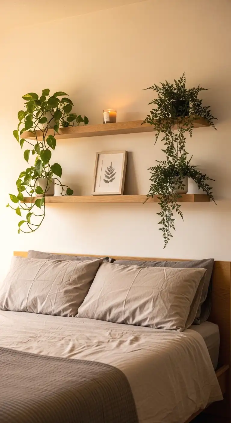 create a floating shelf garden above your headboard