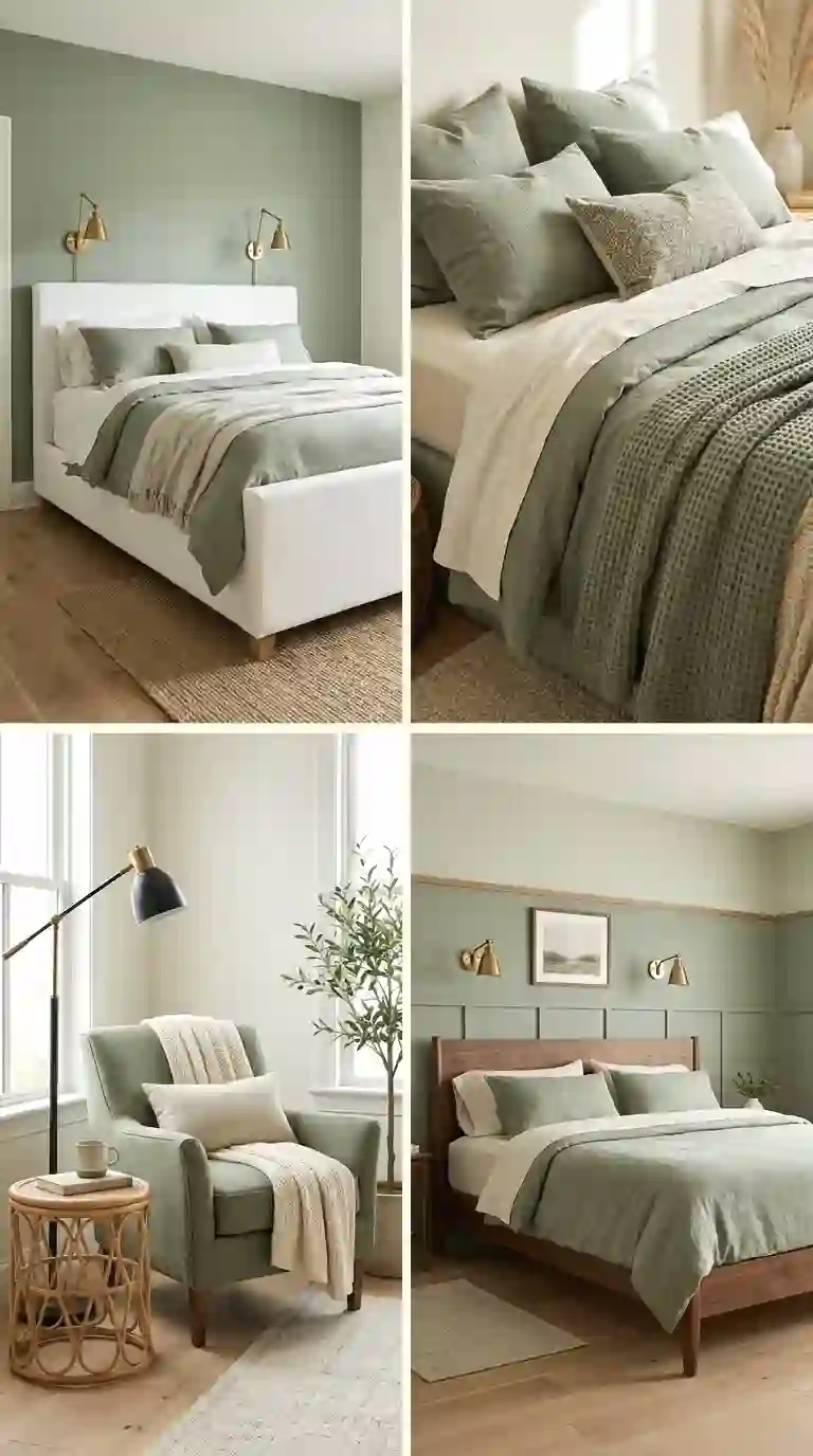 Sage green bedroom ideas collage with an accent wall, layered bedding, a reading nook, and a two tone wall