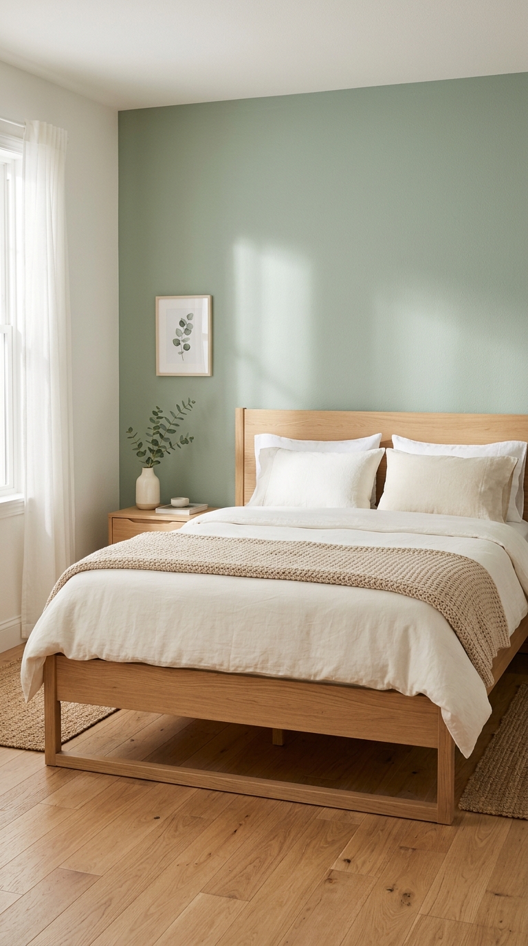 Calm modern bedroom with a sage green accent wall and soft natural light, a simple sage green bedroom idea