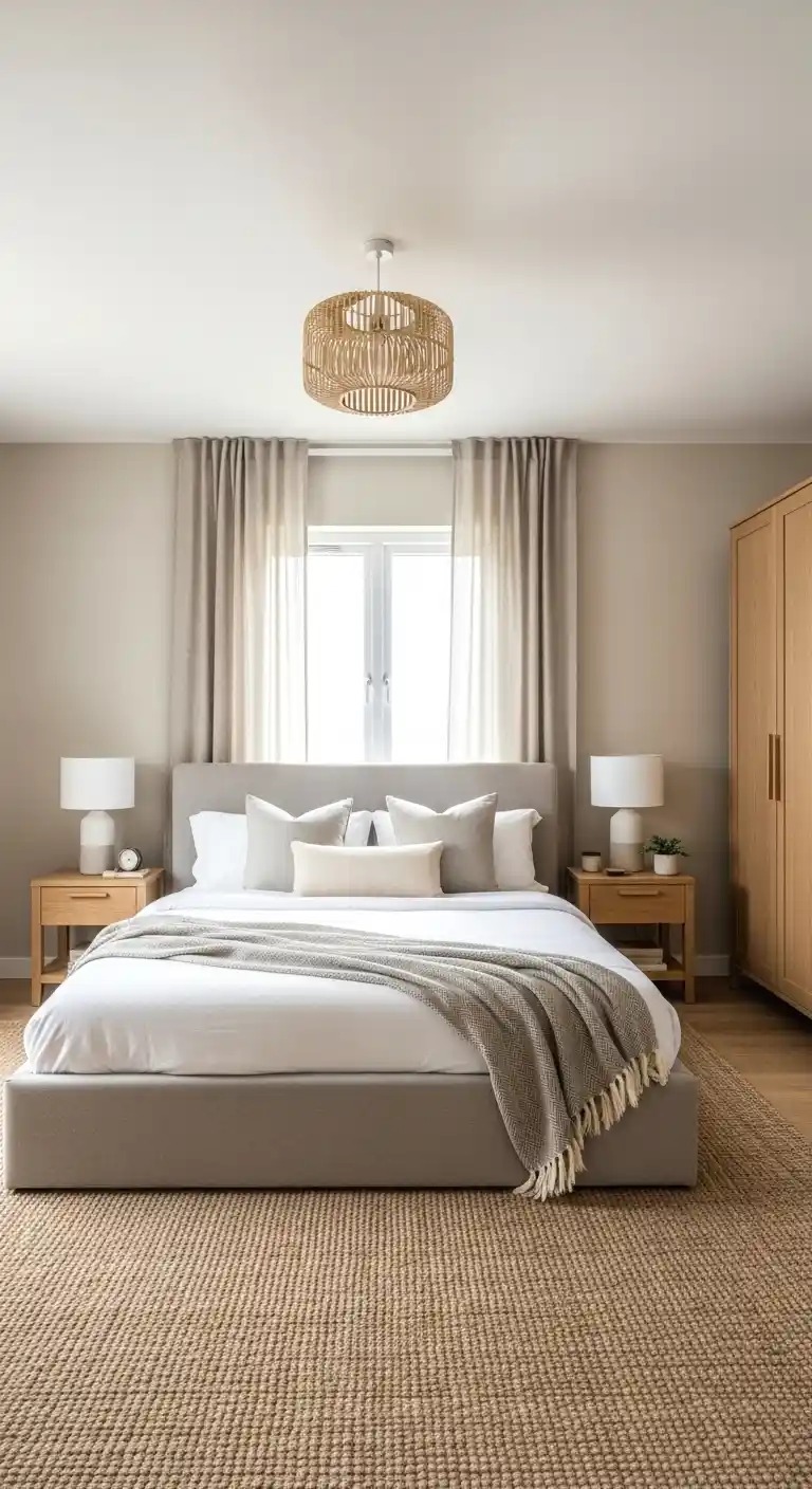 Shared bedroom with a low platform bed, wide linen headboard, matching wood nightstands, ceramic lamps, jute rug, and linen curtains in warm beige tones.