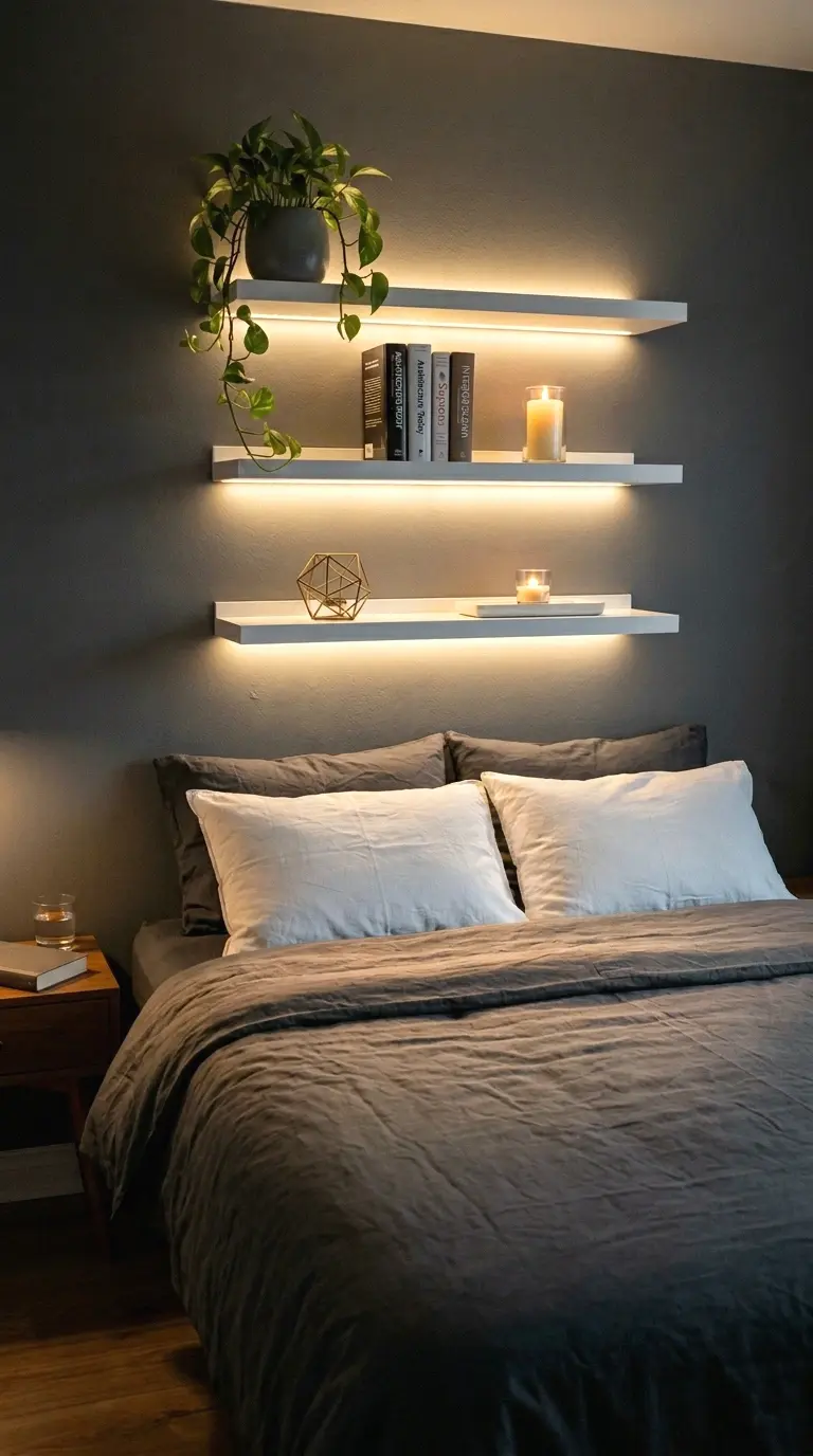 Asymmetric floating shelf arrangement on a bedroom wall styled sparsely like a piece of art.