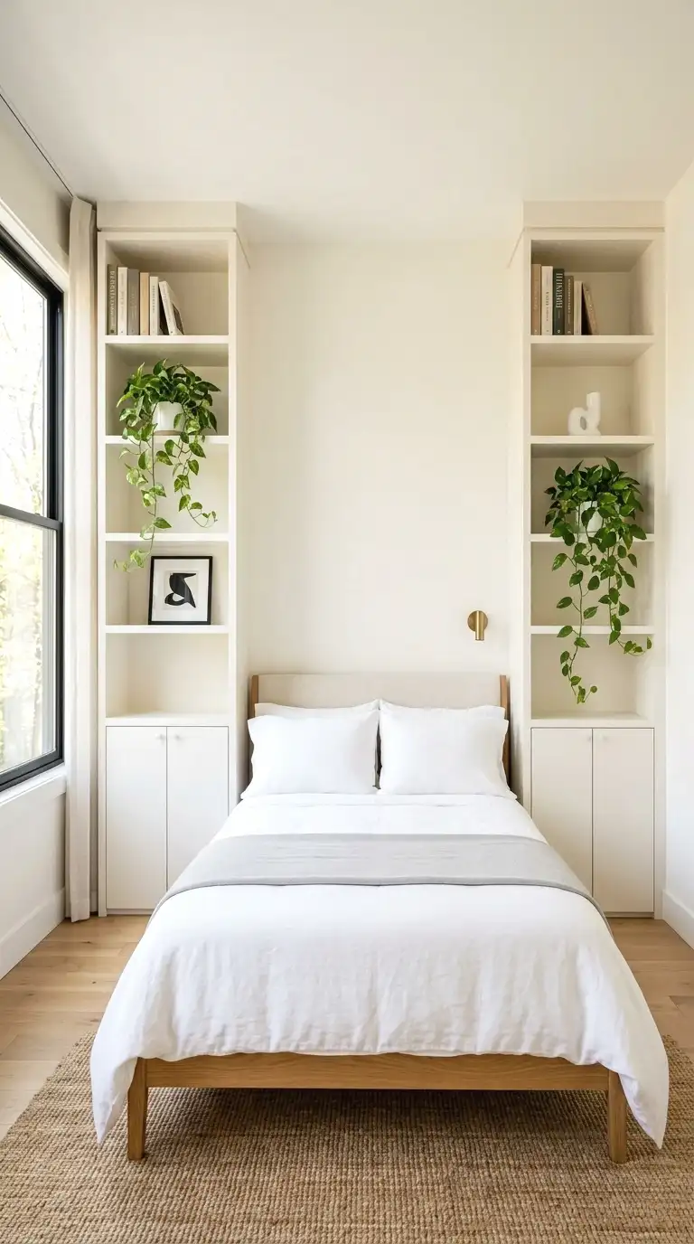 Symmetrical built-in shelving units on either side of a bed combining storage and display.