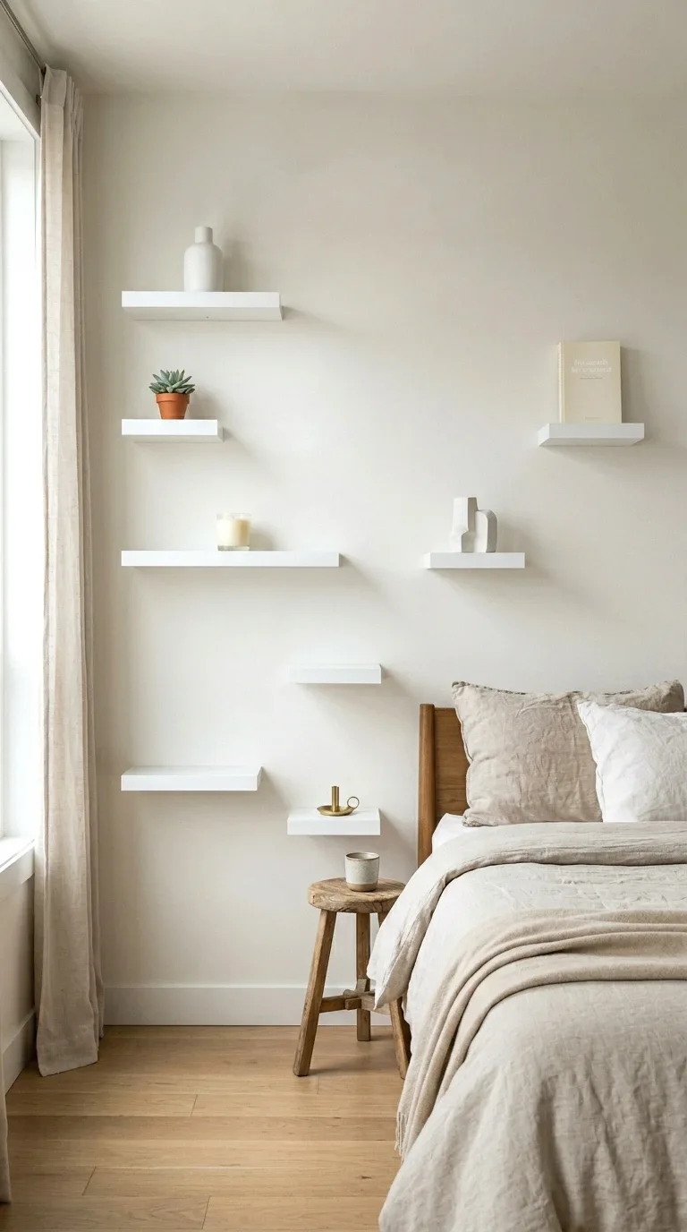 Vintage wooden crates mounted on a bedroom wall as rustic shelves styled with books and plants.