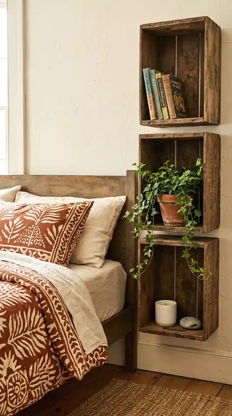 Floating wall shelf beside a bed used as a minimal nightstand with a lamp and book.