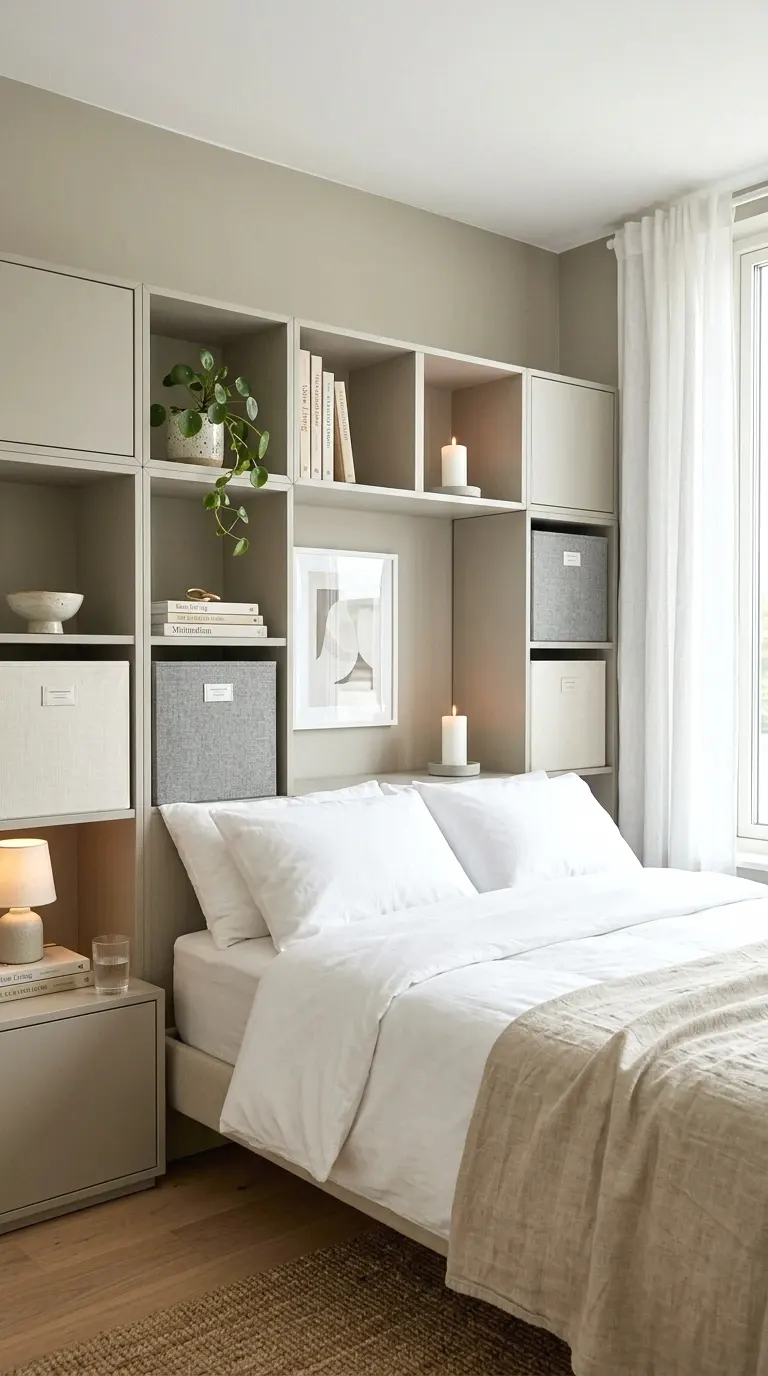 Wall-mounted cube storage shelves in a bedroom combining open display and hidden storage.