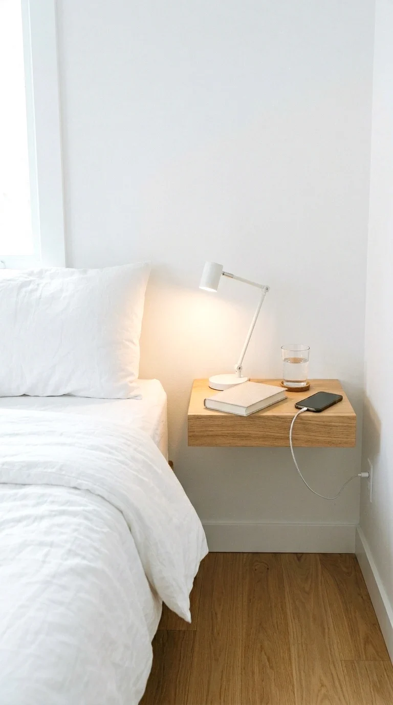 Arch-shaped wall shelf above a bed serving as a sculptural decorative focal point.