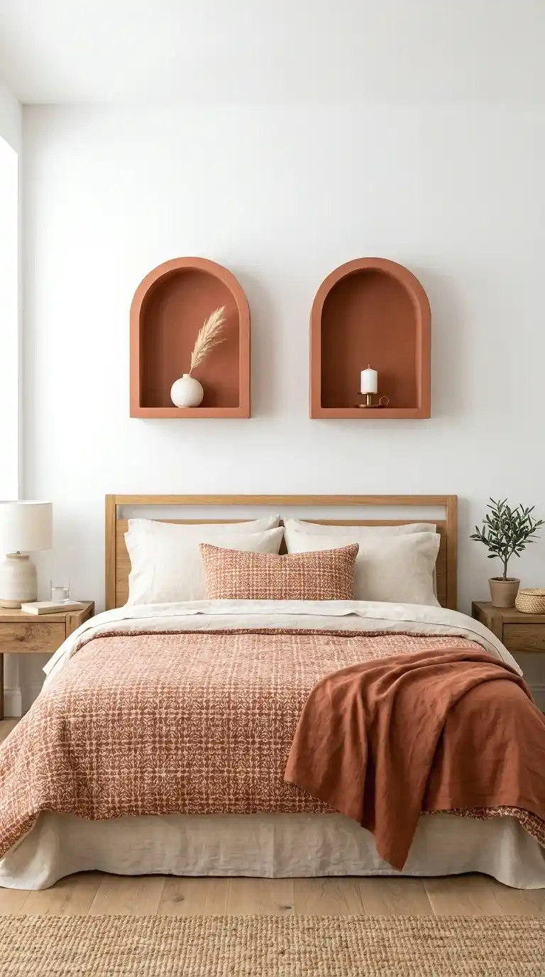 Floating shelf with a hanging rod beneath it displaying folded items and clothing in a bedroom.