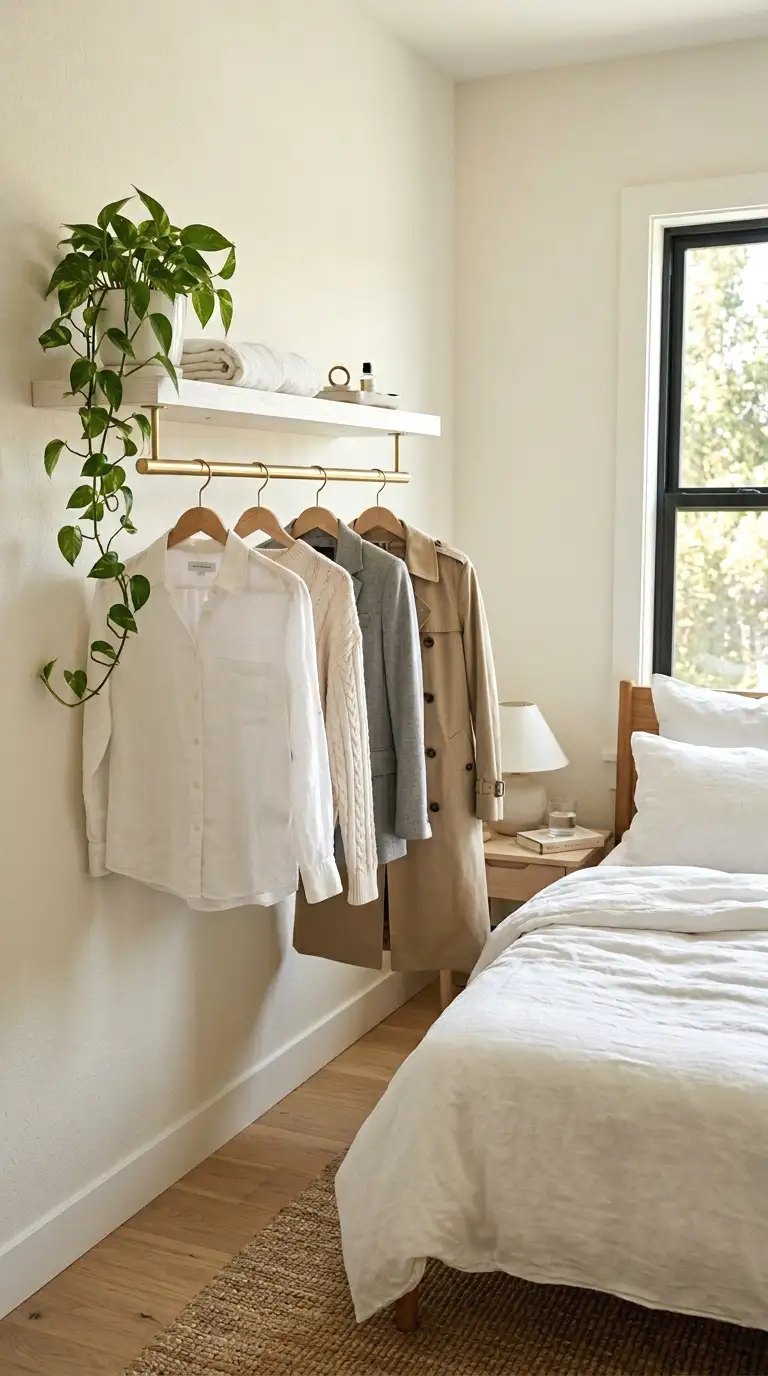 Macrame hanging wall shelf in a bedroom styled with a plant and candle for boho texture.