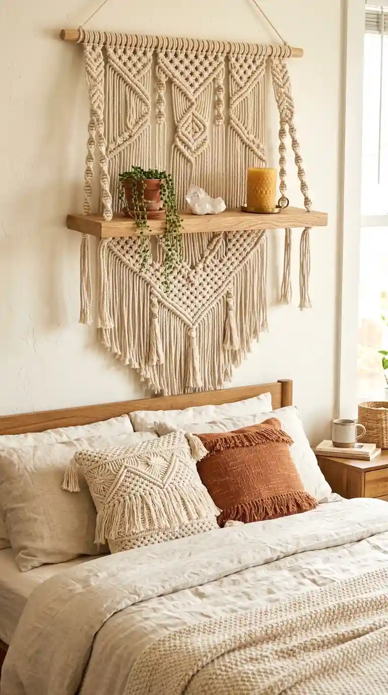 Deep bedroom shelf styled with layered objects at different depths for a vignette look.