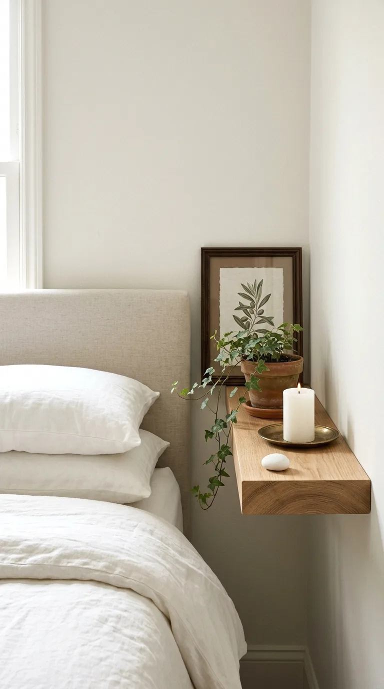 Wooden ladder shelf leaning against a bedroom wall styled with books, a plant, and a blanket.