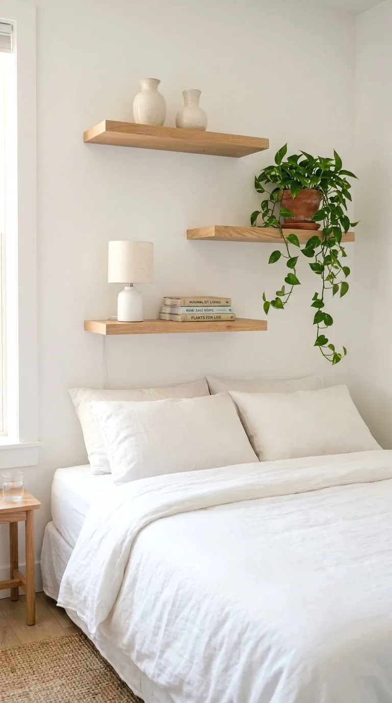 Floating wood shelves above a bed used as a headboard alternative, styled with a lamp, books, and a trailing plant.