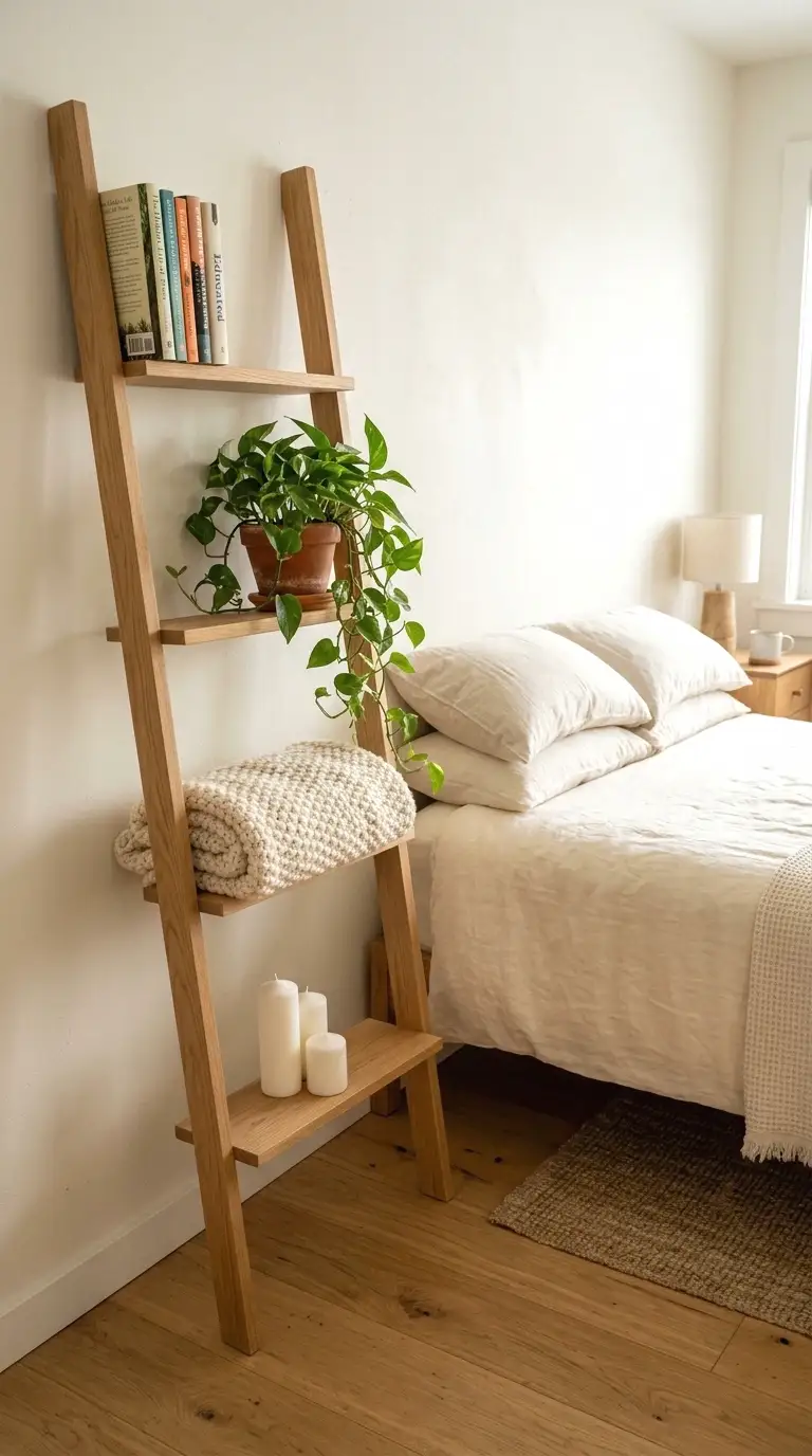 Recessed alcove shelves built into a bedroom wall styled with books and decorative objects.