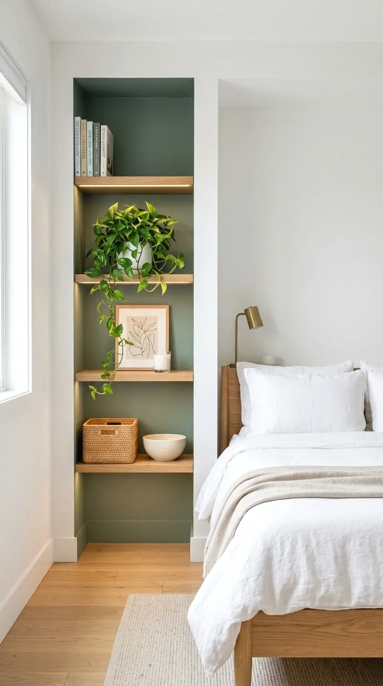 Floating shelves inside a bedroom wardrobe organizing folded clothes, hanging garments, and shoes.