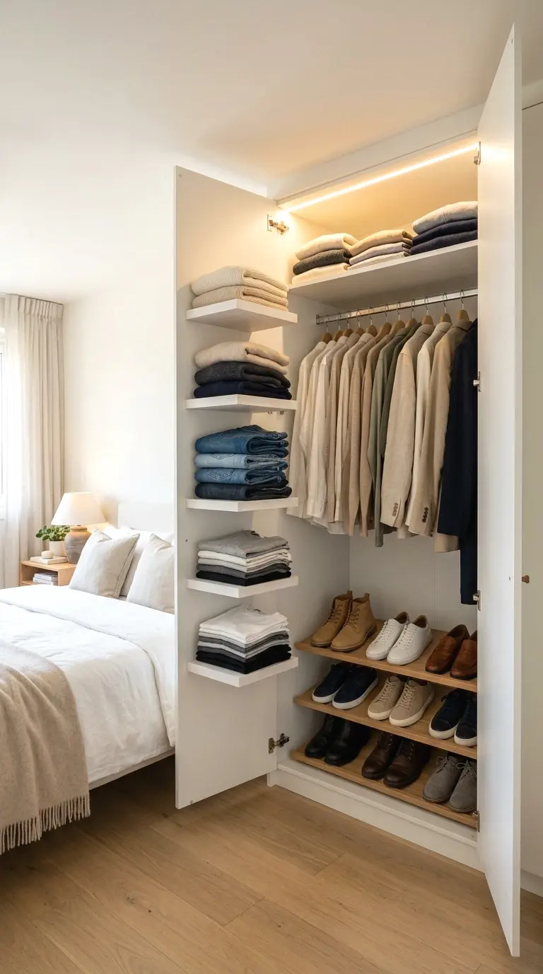Floating bedroom shelf with an integrated mirror panel above a dresser for storage and reflection.