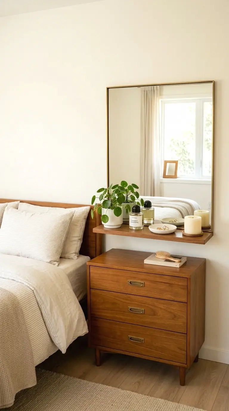 Bedroom floating shelf styled seasonally with autumn, winter, spring, and summer decor.