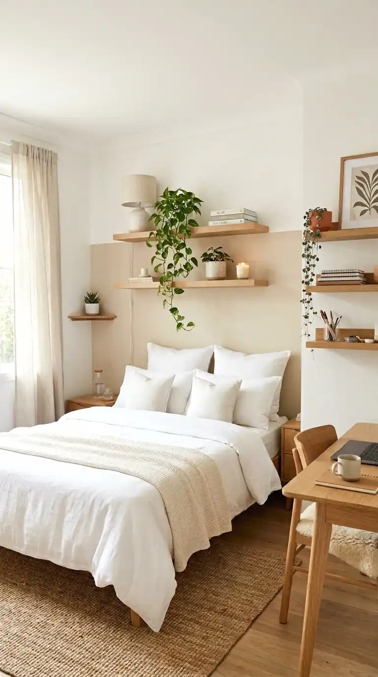 Vertical corner floating shelves in a bedroom styled with a succulent, candle, and small ceramic vase.