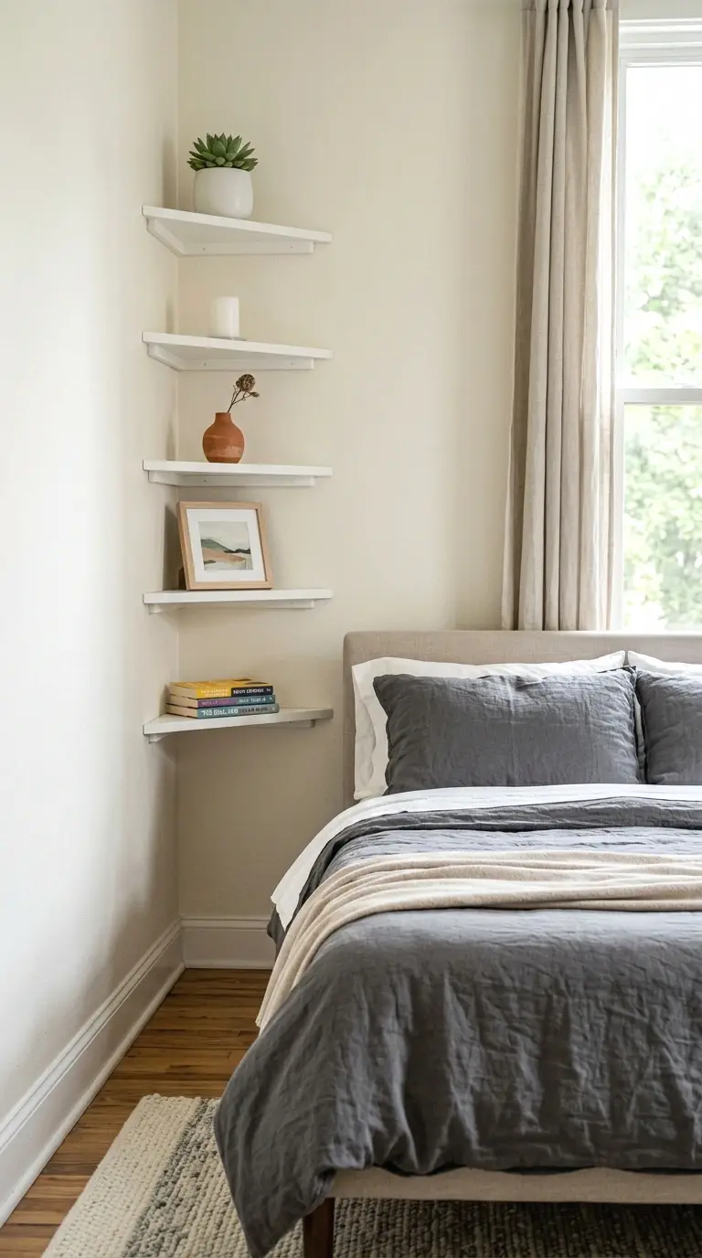 Floating shelves above a bedroom desk styled with books, notebooks, a plant, and a framed print.
