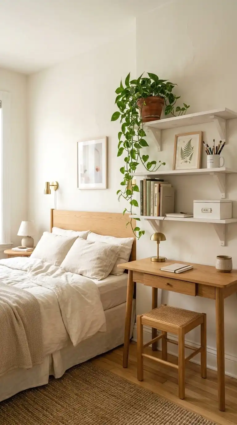 Full-wall built-in bedroom shelving unit with navy back panels styled with books, plants, and decorative objects.