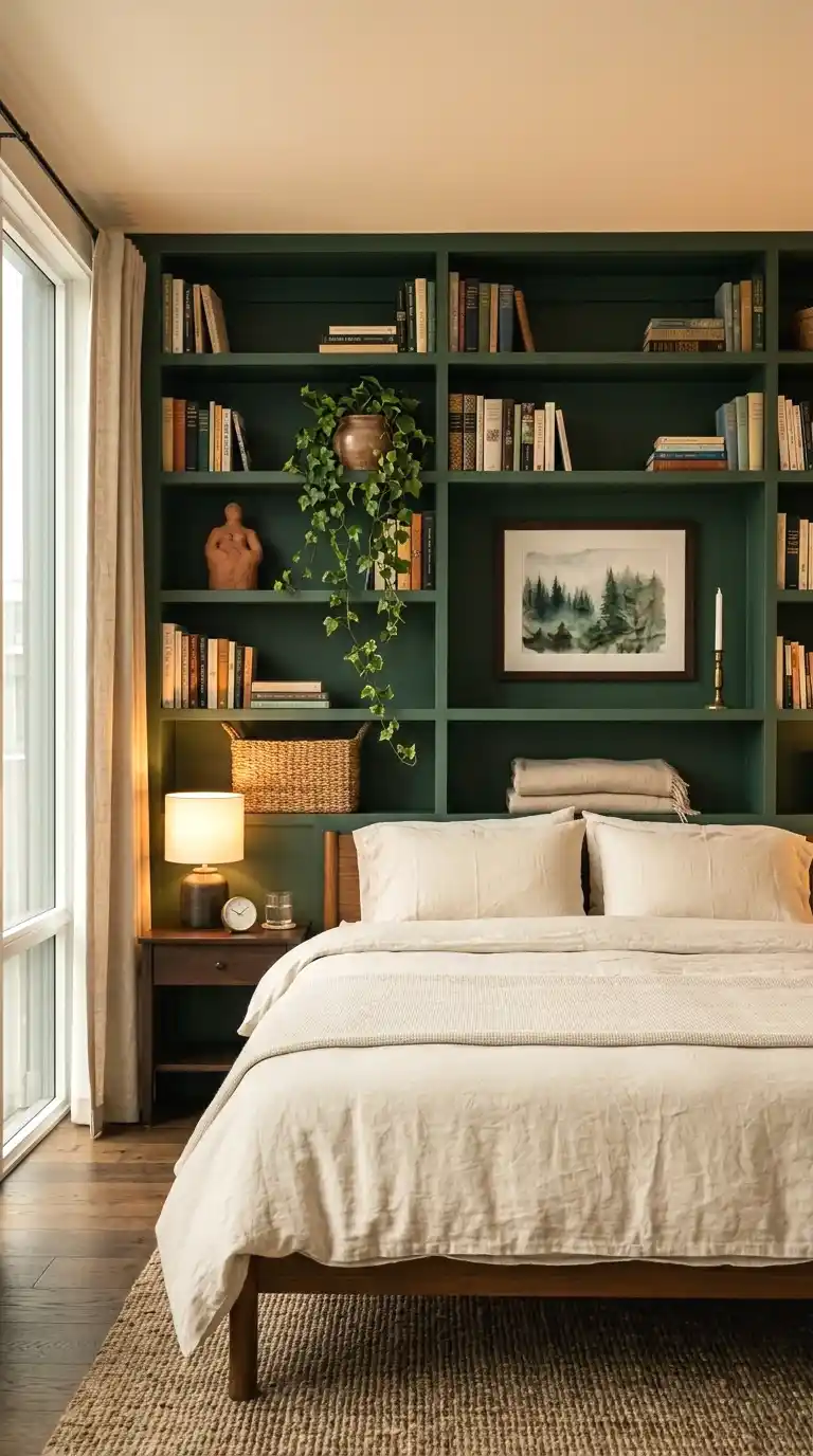 Blush pink scalloped edge shelves mounted on either side of a bed for a feminine bedroom look.