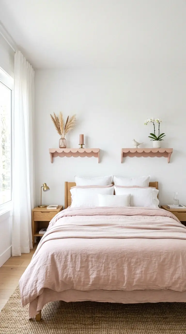 Staggered rattan wall shelves in a boho bedroom styled with dried pampas grass and a trailing plant.