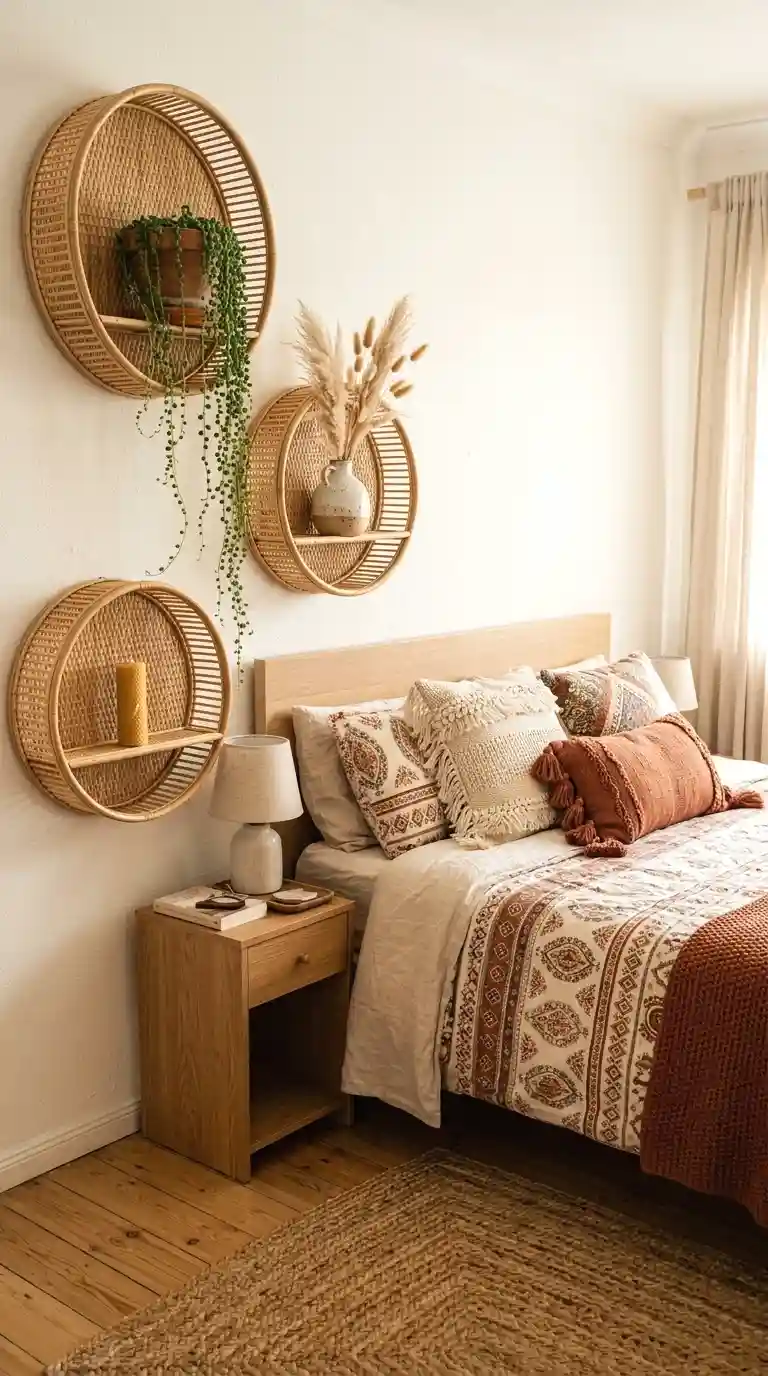 Floating bedroom shelves with warm LED strip lighting underneath, creating a soft glowing display.