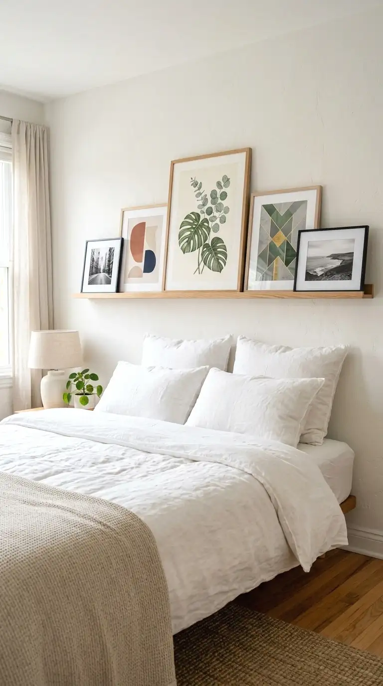 Picture ledge shelf above a bed displaying leaning framed prints in a gallery wall style.