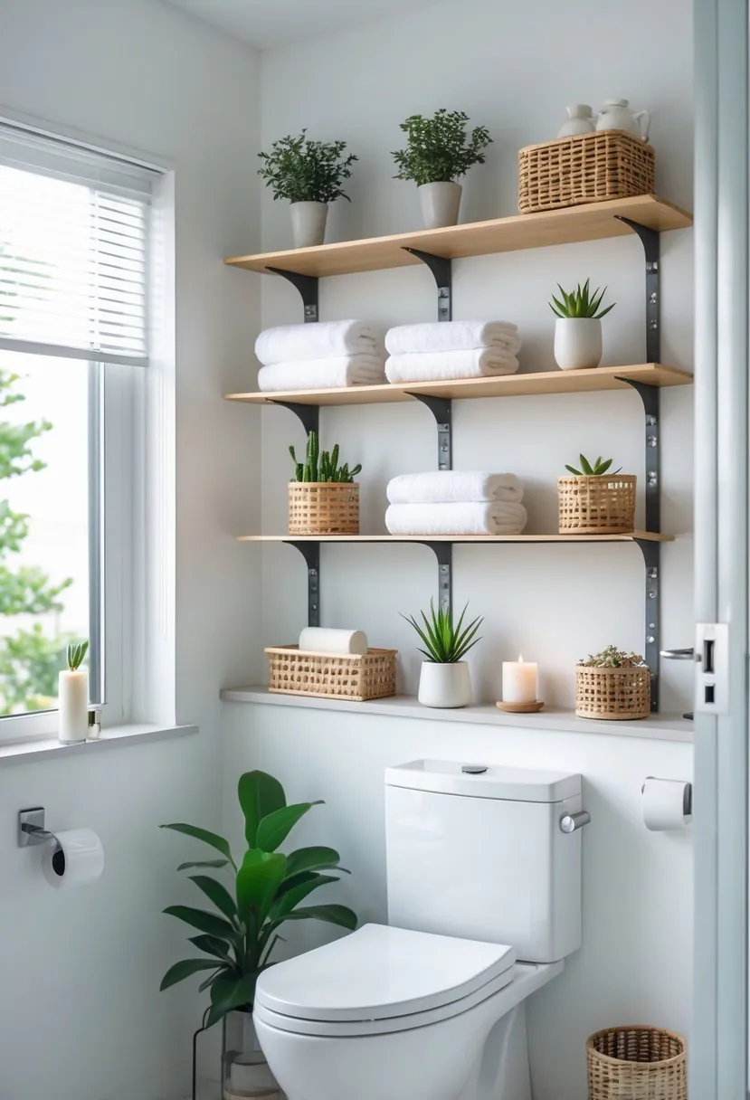A bathroom with multiple shelves above the toilet holding plants, towels, and decorative items.