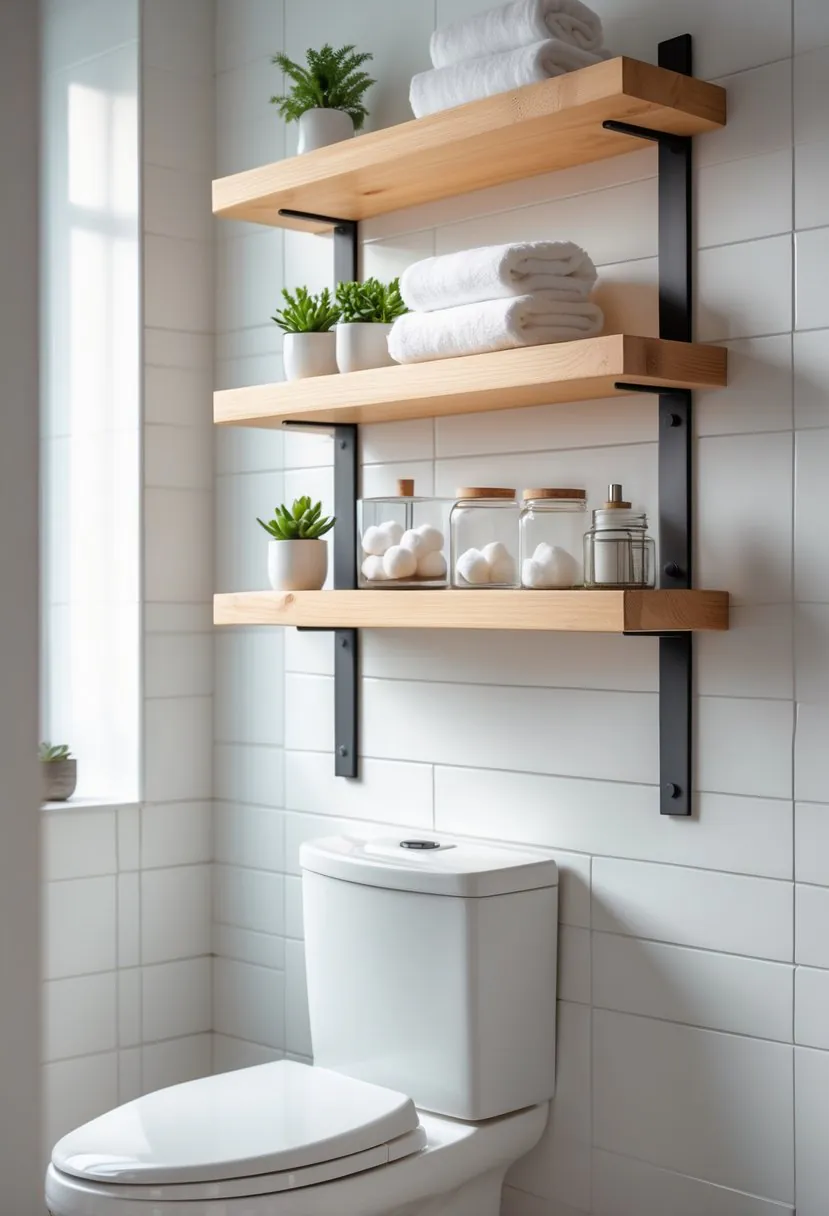 A bathroom with floating wooden shelves above a toilet holding towels, plants, and bathroom items.