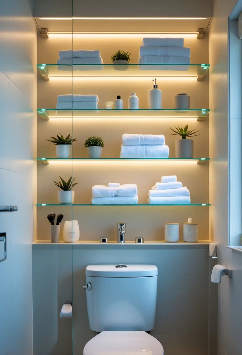 A bathroom with glass shelves above a toilet holding towels, plants, and containers, softly lit by LED lights.