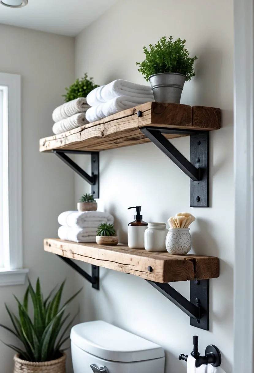 A bathroom with a wooden shelf supported by iron brackets mounted above a toilet, holding towels, plants, and toiletries.