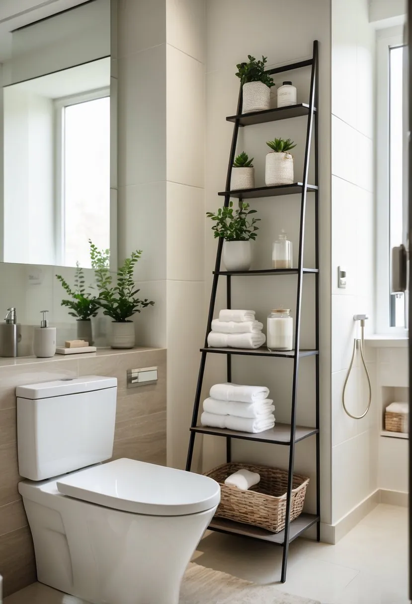 A bathroom with a white toilet and a tiered ladder shelf above it holding towels, plants, and storage baskets.