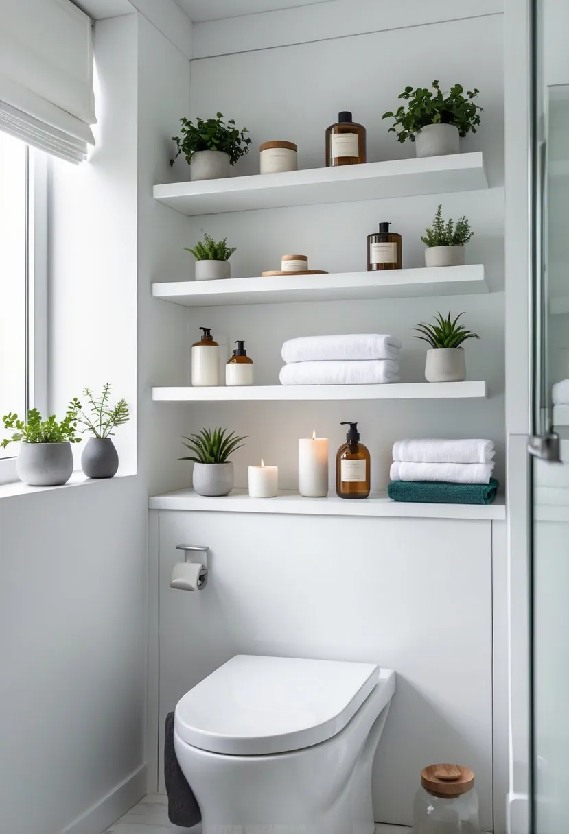 A bathroom with white shelves above a toilet holding towels, plants, and decorative items.