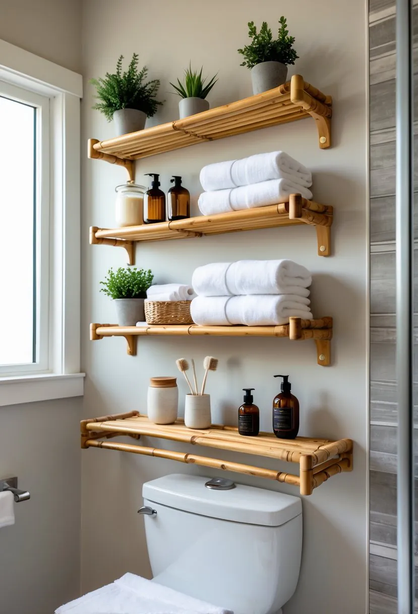 A bathroom with bamboo wall-mounted shelves above the toilet holding towels and plants, and a bamboo towel rack with a white towel.