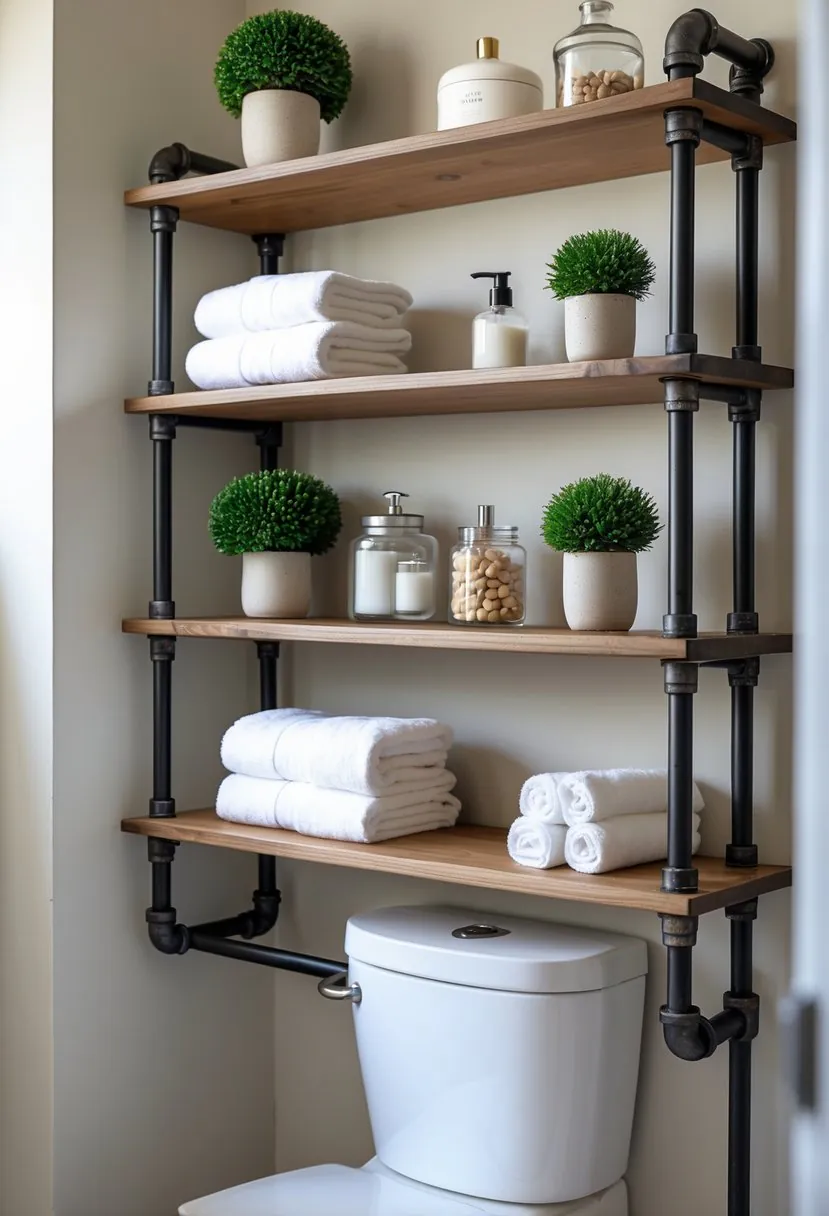 Bathroom shelves made of metal pipes and wooden planks mounted above a toilet, holding towels, plants, and toiletries.