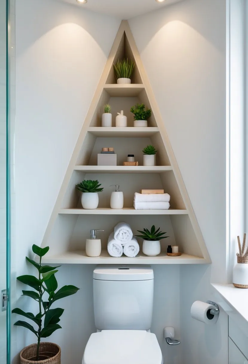 A bathroom with corner triangular floating shelves above a toilet holding plants, towels, and containers.