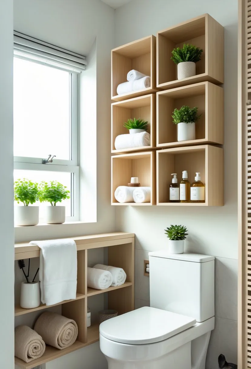 A bathroom with open wooden shelves mounted above a toilet holding toiletries, plants, and towels.
