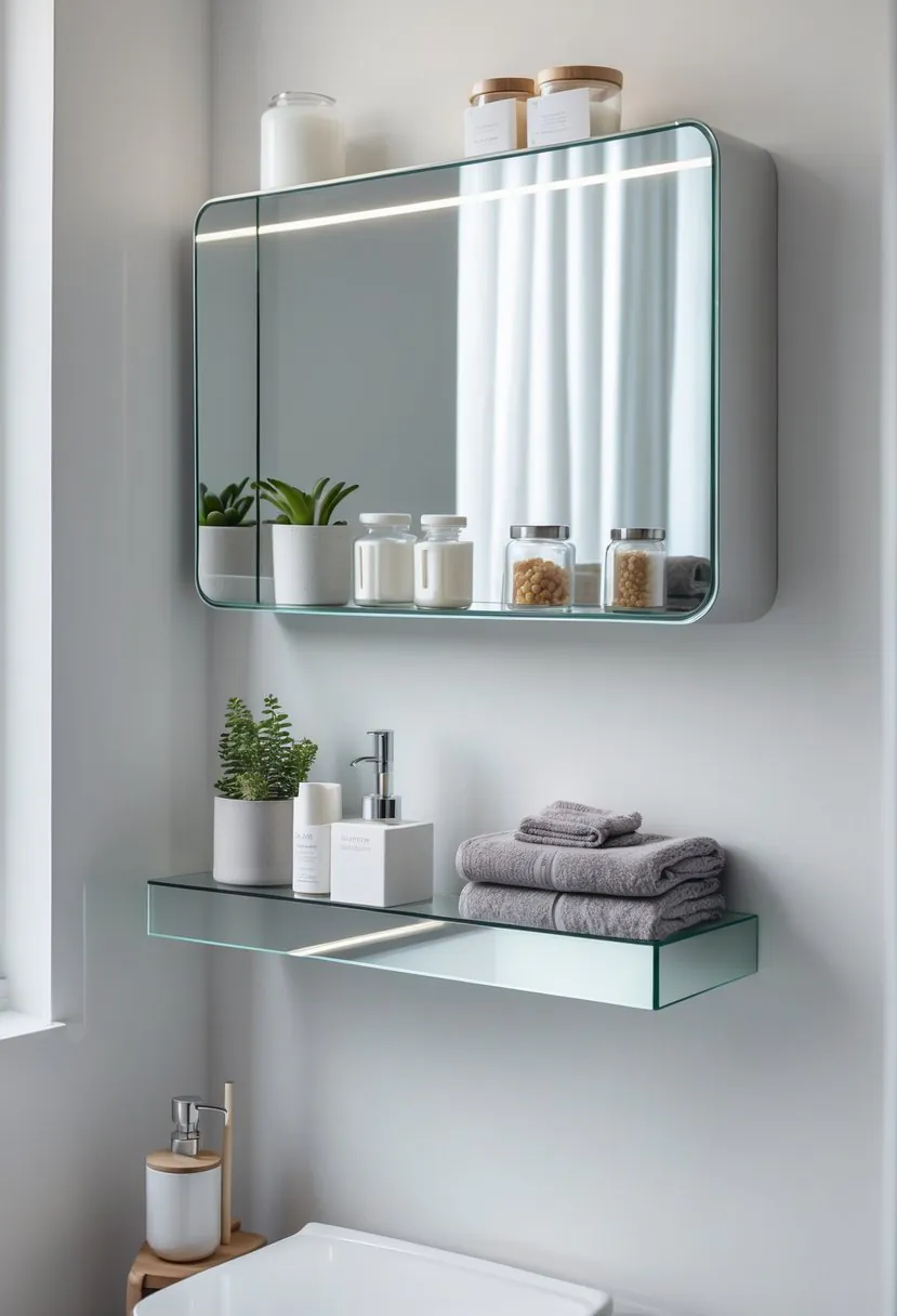 A bathroom with a toilet and a mirrored shelf above it holding toiletries and small decorative items.