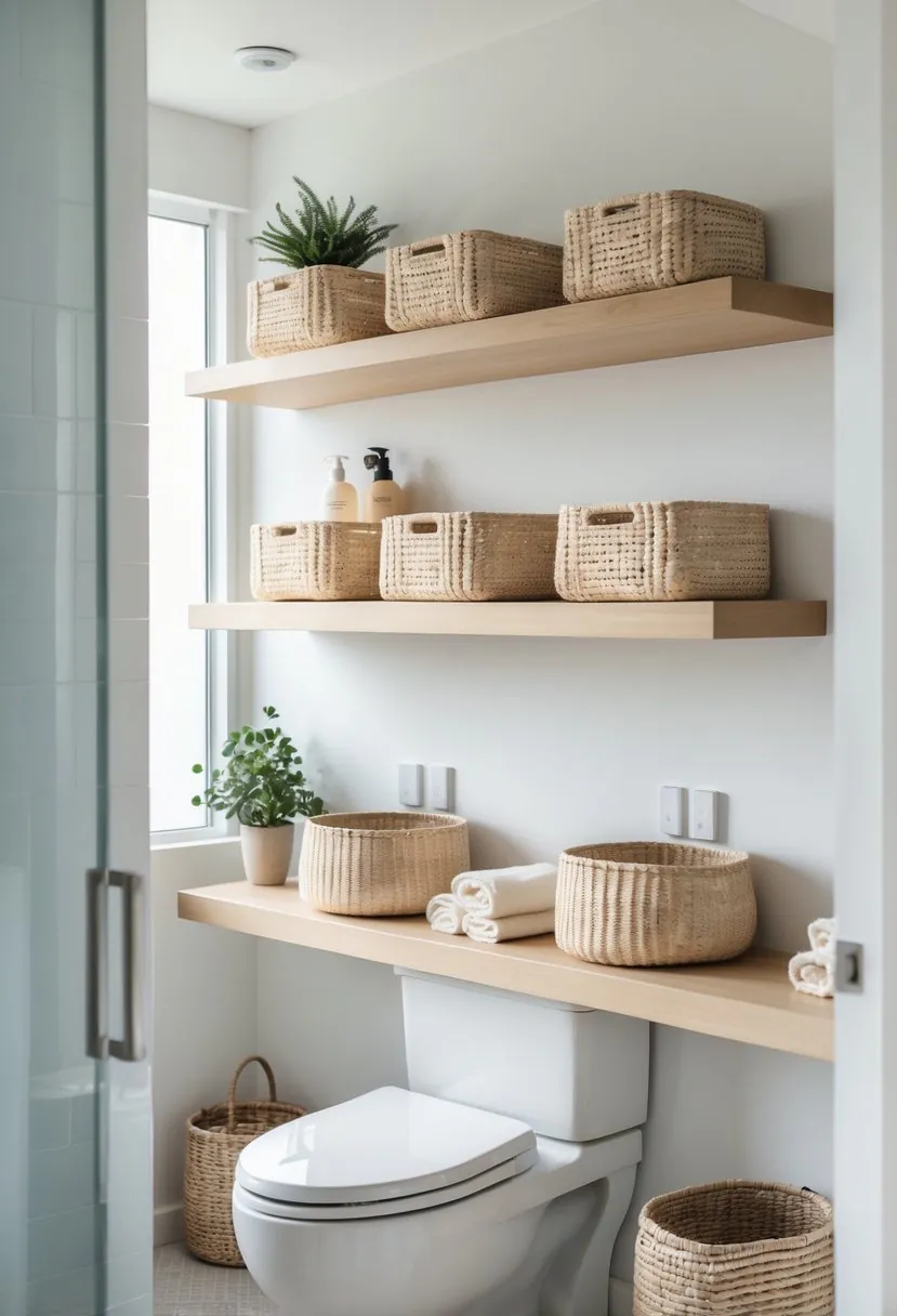A bathroom with floating shelves above the toilet holding woven storage baskets and neatly arranged items.