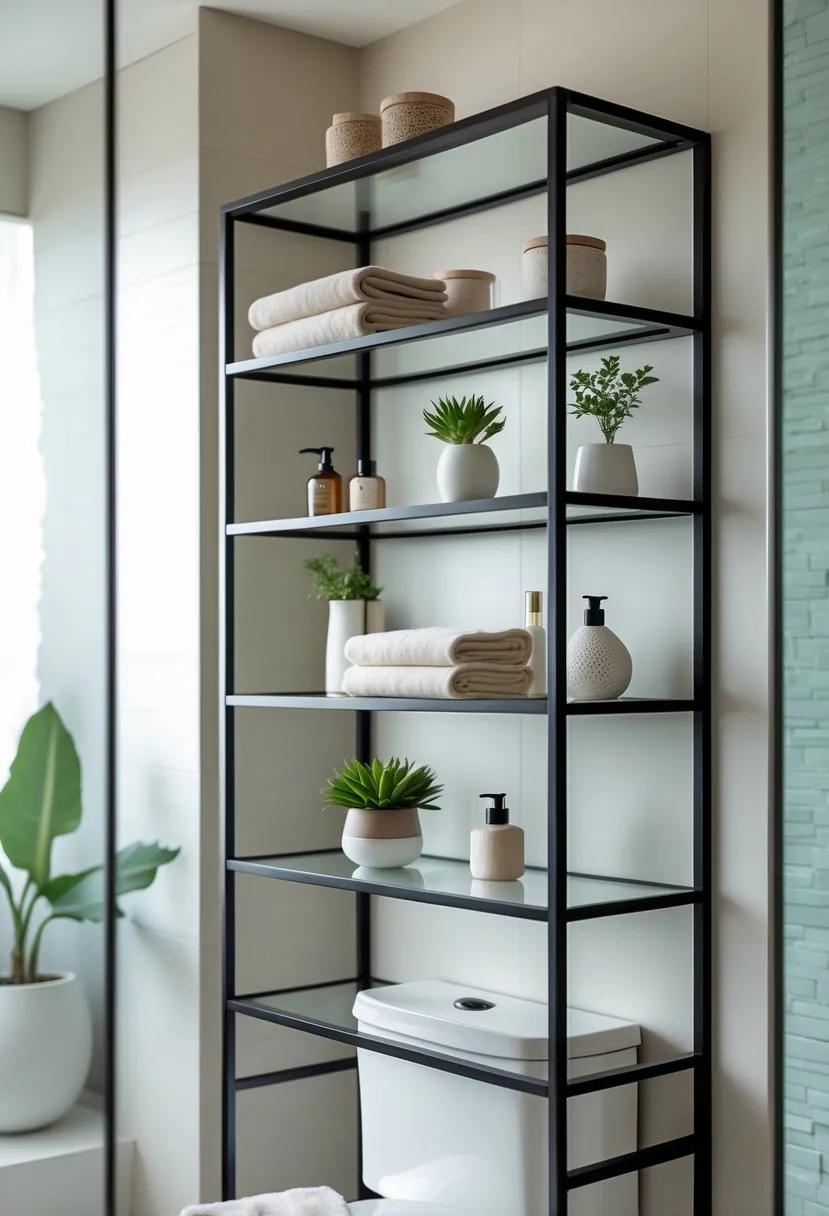 A bathroom with a black metal frame shelving unit with glass shelves above a white toilet, holding towels, plants, and toiletries.